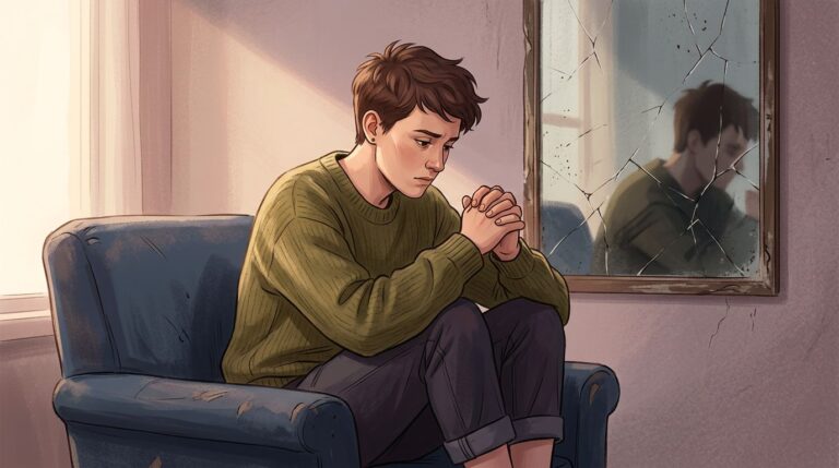 An LGBTQ+ person sits tensely beneath warm light beside a cracked mirror.