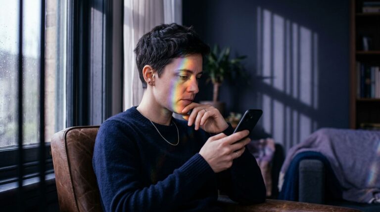 An androgynous person holds a phone in rainbow light beside a window.