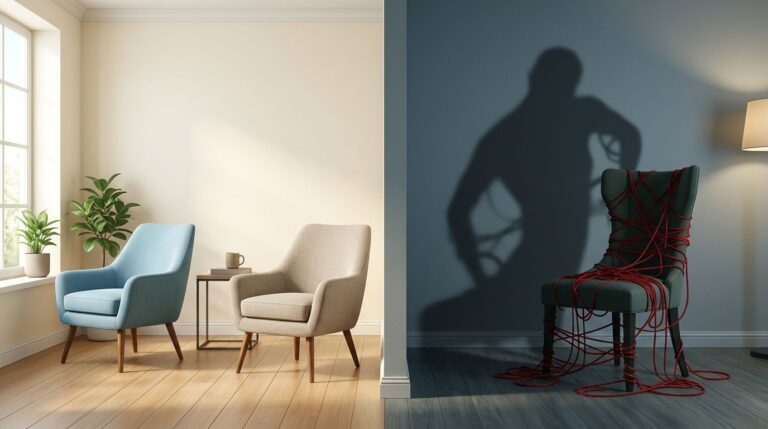 Two separate chairs contrast with one chair trapped by red threads and a dark shadow.
