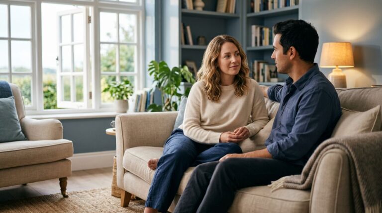 A woman and her partner sit together calmly in a bright living room.