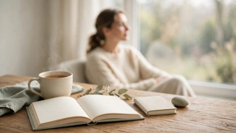 An open recovery book, tea, journal, and stone sit near a thoughtful woman by a window.