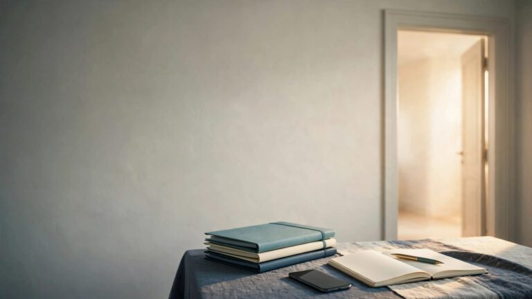 A consultation table with legal folders, a notebook, phone, and glowing doorway.