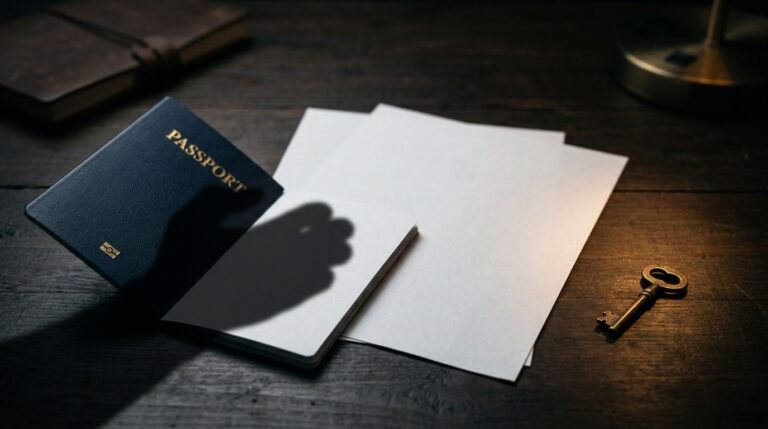 An open passport and blank documents sit beneath a hand-shaped shadow beside a small key.