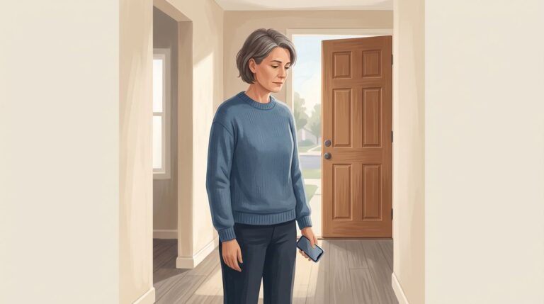 A parent holds a phone near a closed door in a softly lit home.