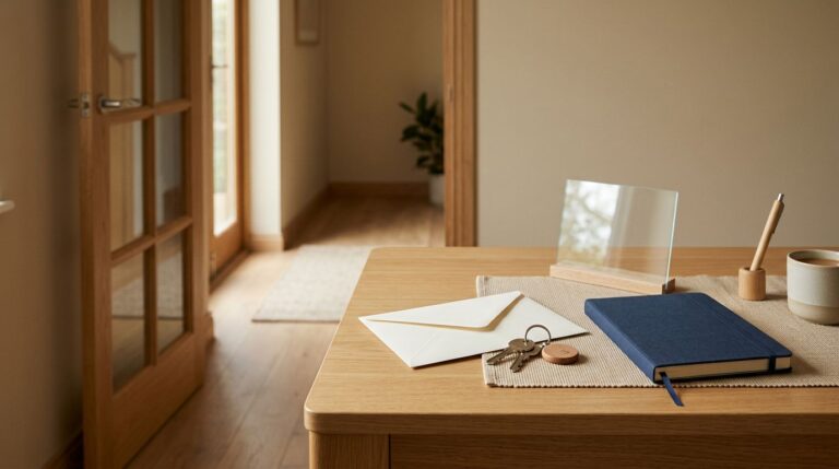 A desk with house keys, a blank envelope, journal, and glass shield near a doorway.
