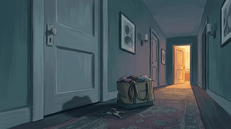 A closed bedroom door, scattered keys, and a packed tote bag in a dim hallway.
