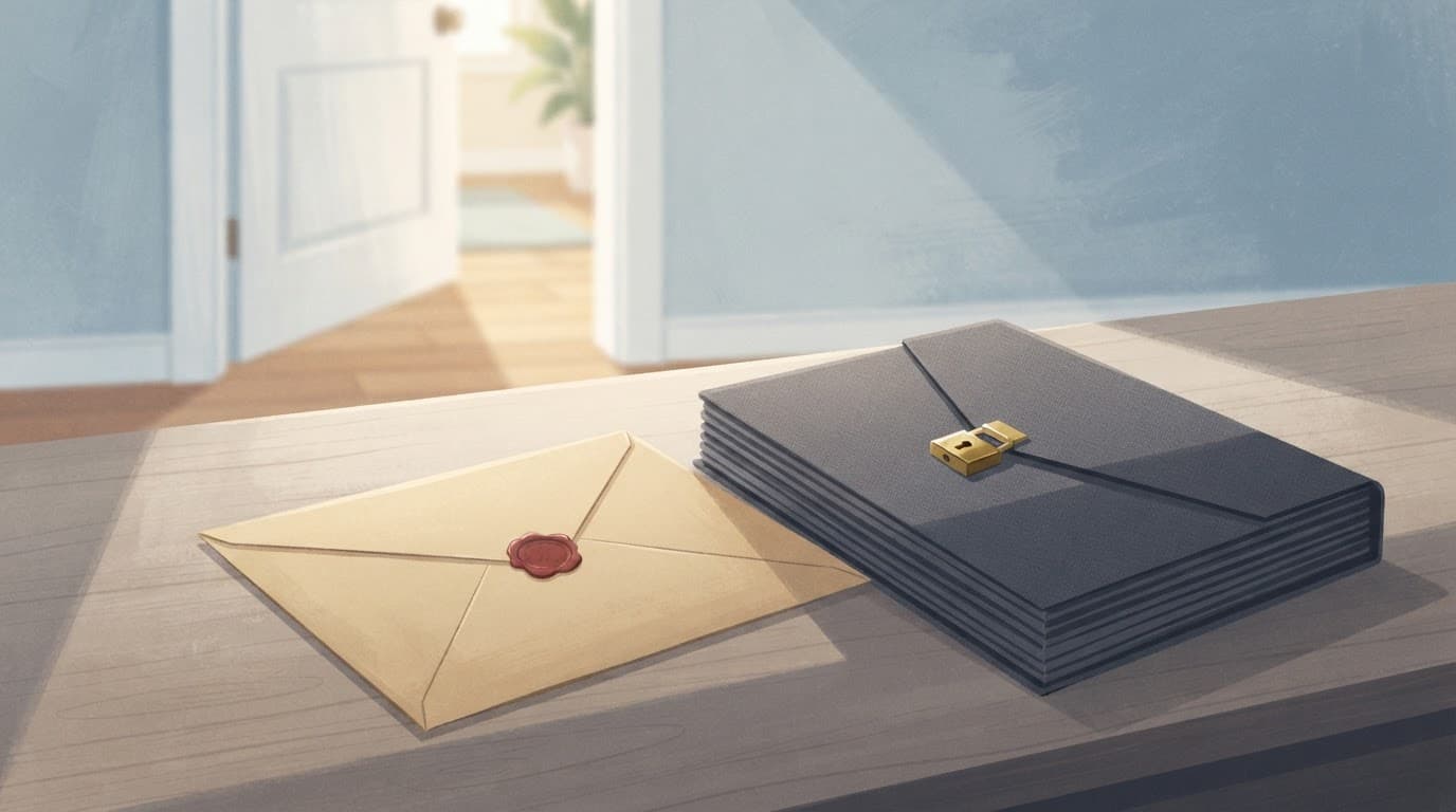 Sealed documents sit beside a locked folder near an open doorway.