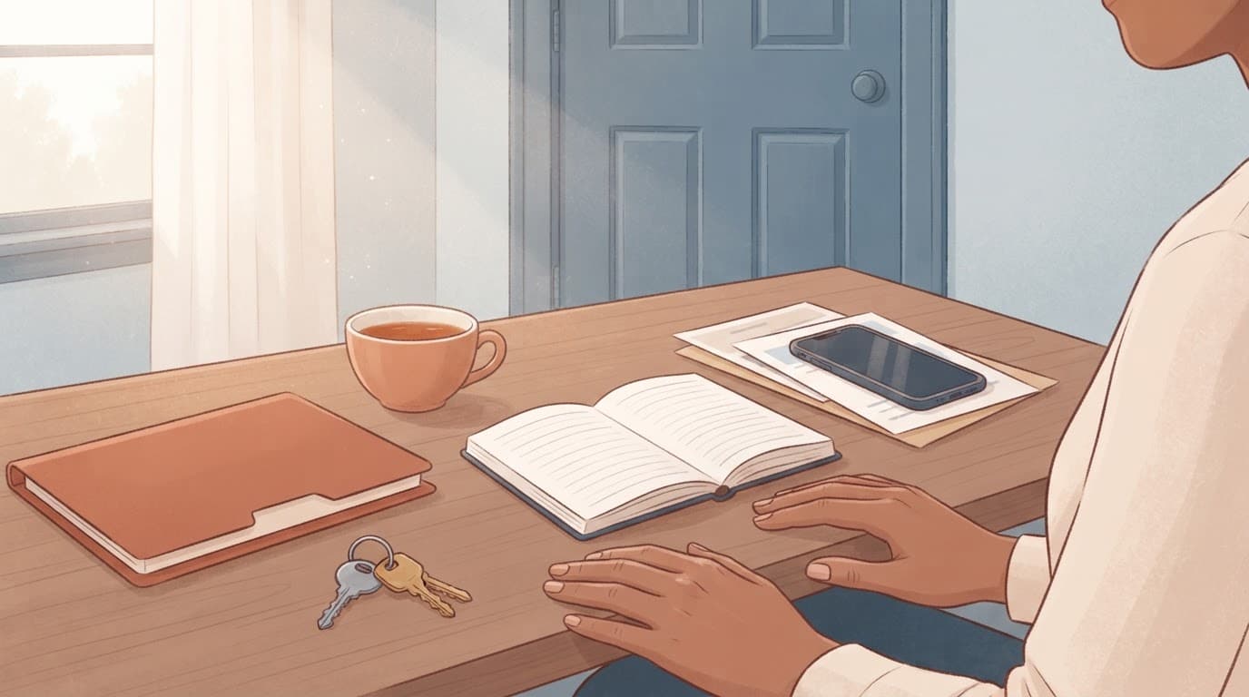 An adult organizes papers, a phone, notebook, keys, and tea on a table.