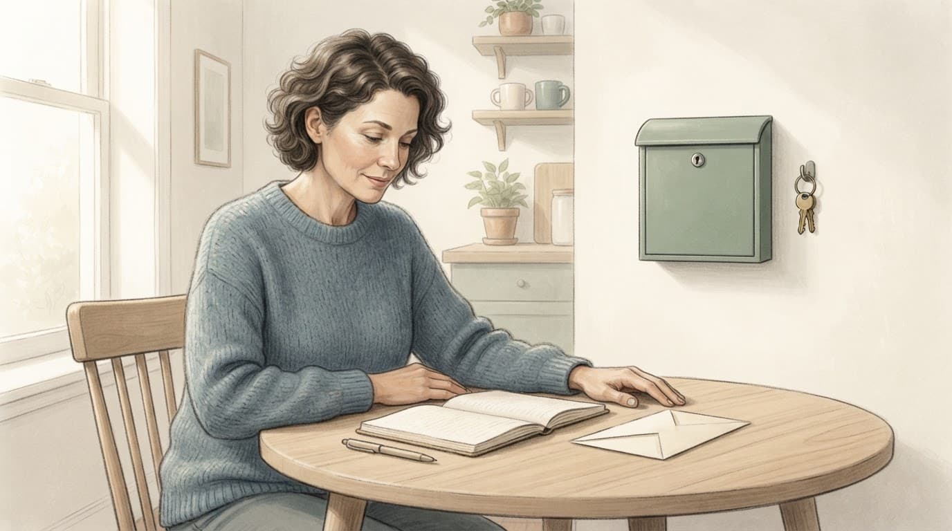 A person organizes mail safety plans at a kitchen table.