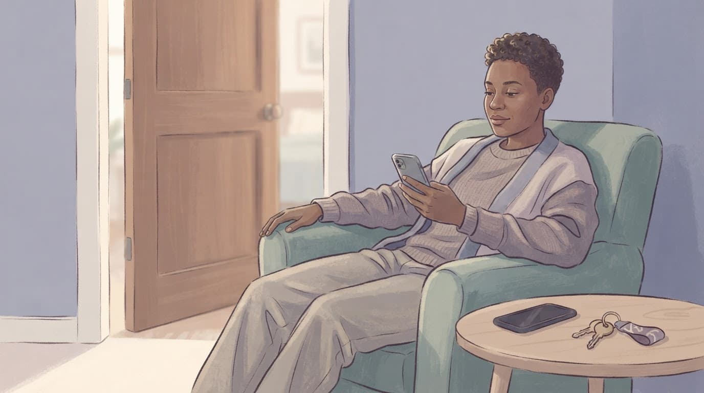 An adult sits with one phone while another phone and keys rest on a table near a closed door.