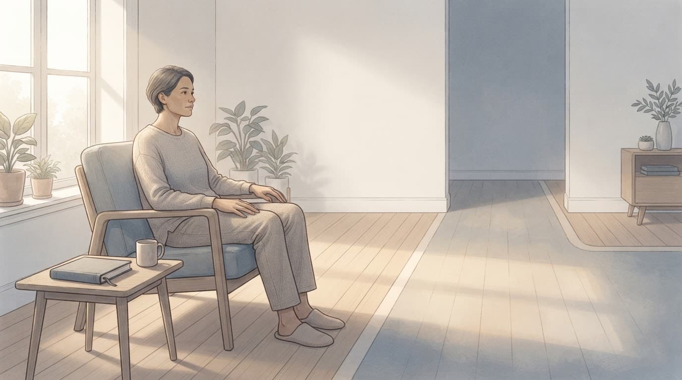 A seated adult faces two softly lit paths divided by a line on the floor.