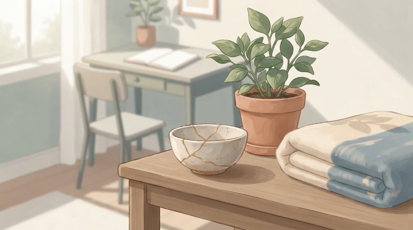 A repaired bowl and growing plant sit in a softly lit room.