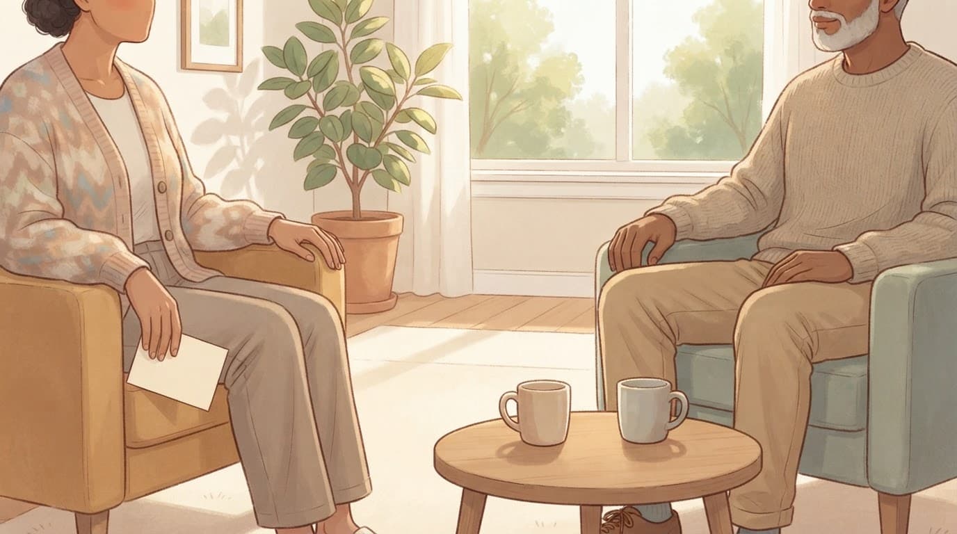 Two adults sit apart in a warm living room, with a boundary card, mugs, and a plant nearby.