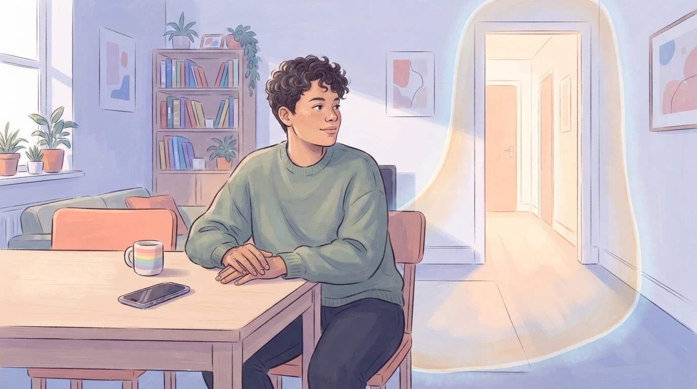 An adult sits at a kitchen table facing a softly lit doorway and faint boundary line.