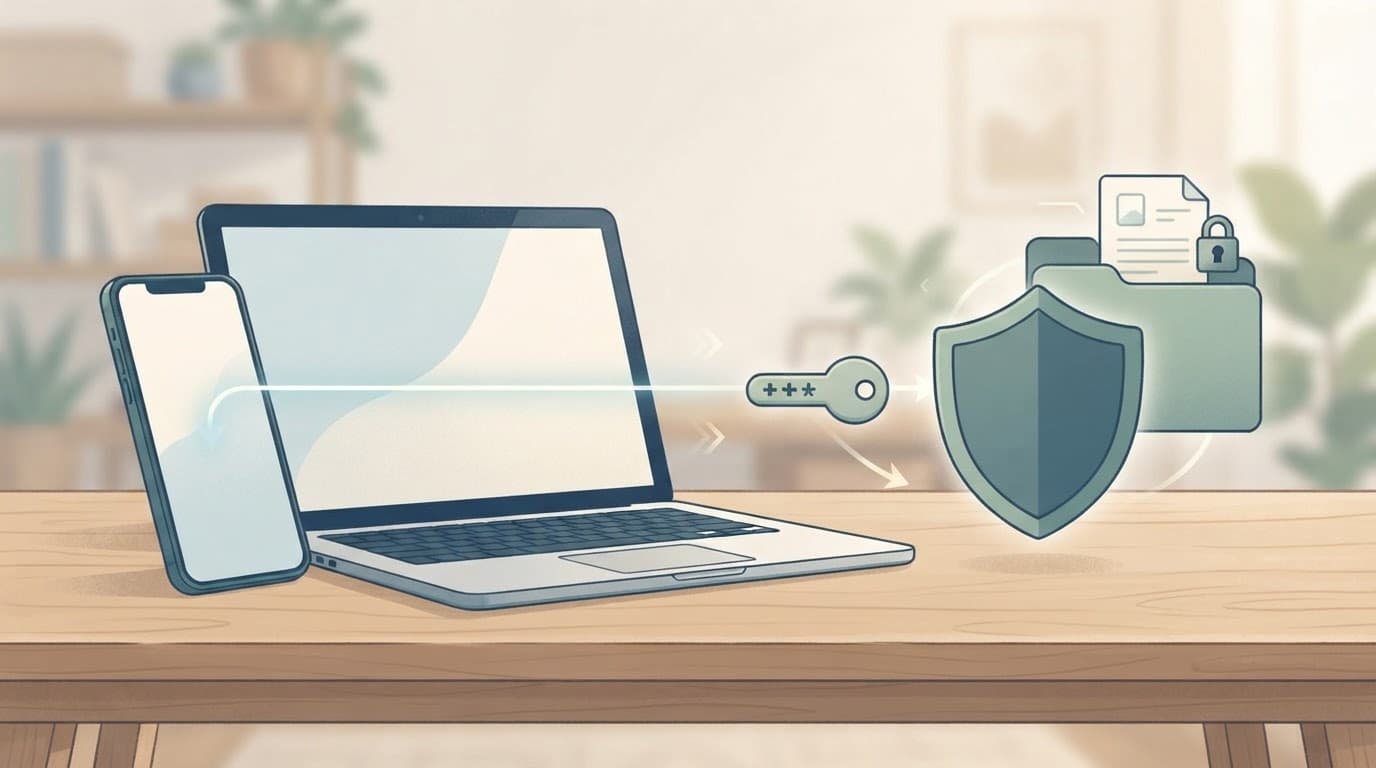 A phone and laptop beside a password key, shield, and folder of documents.