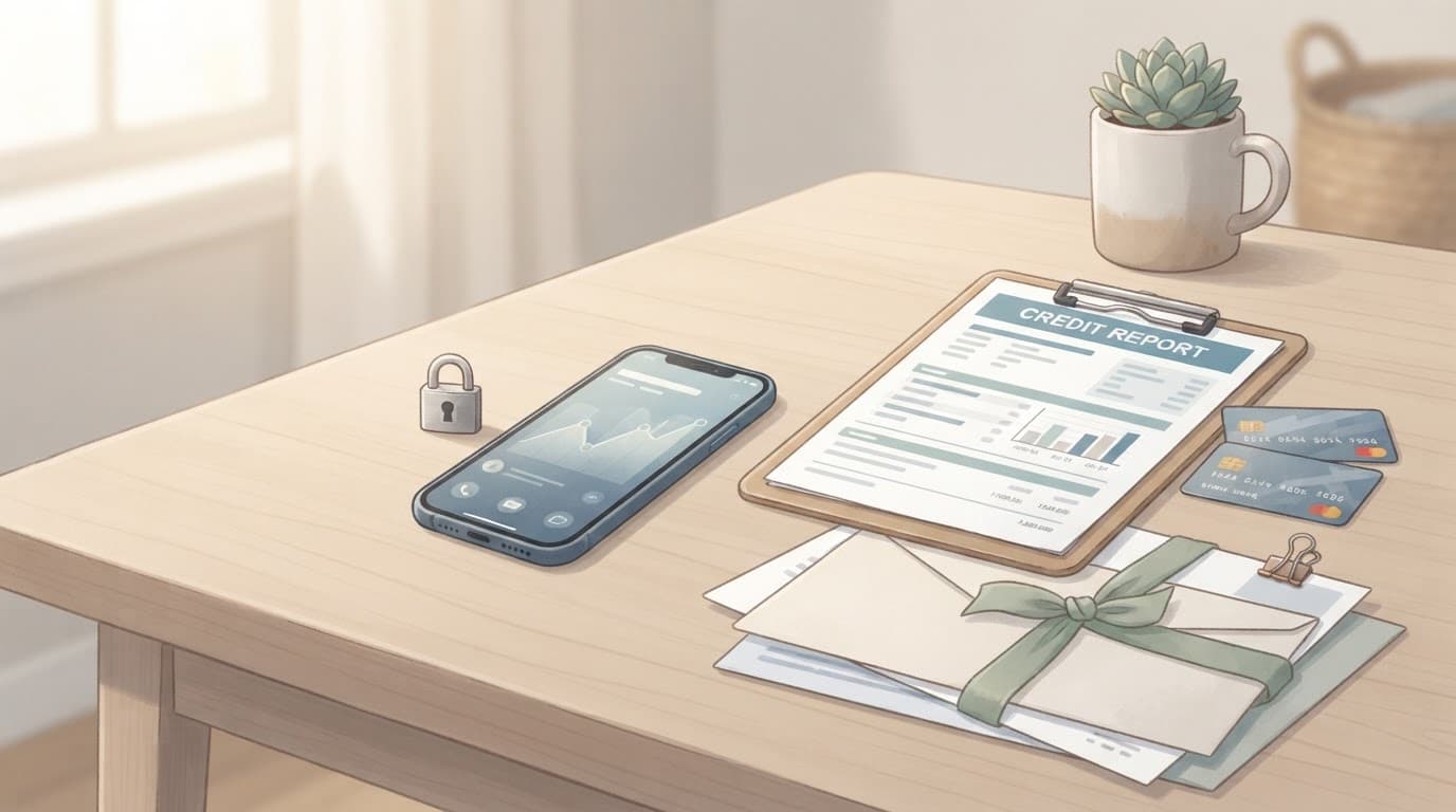 A phone, padlock, bank cards, and organized financial papers on a calm desk.