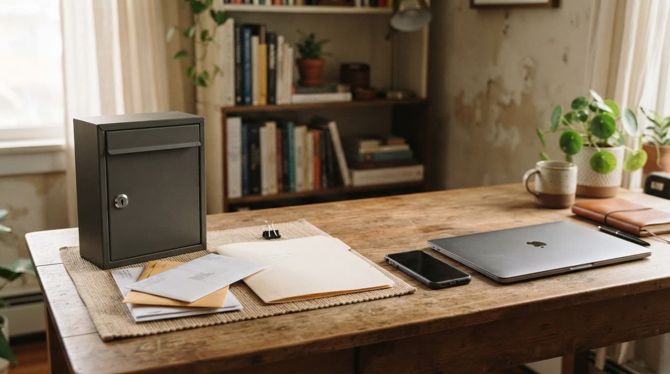 A locked mailbox and sealed mail sit beside a folder, phone, and closed laptop.