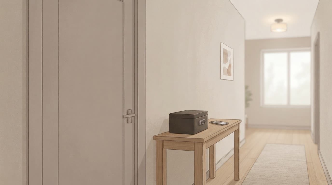 A closed bedroom door, locked box, and phone on a table in a quiet hallway.