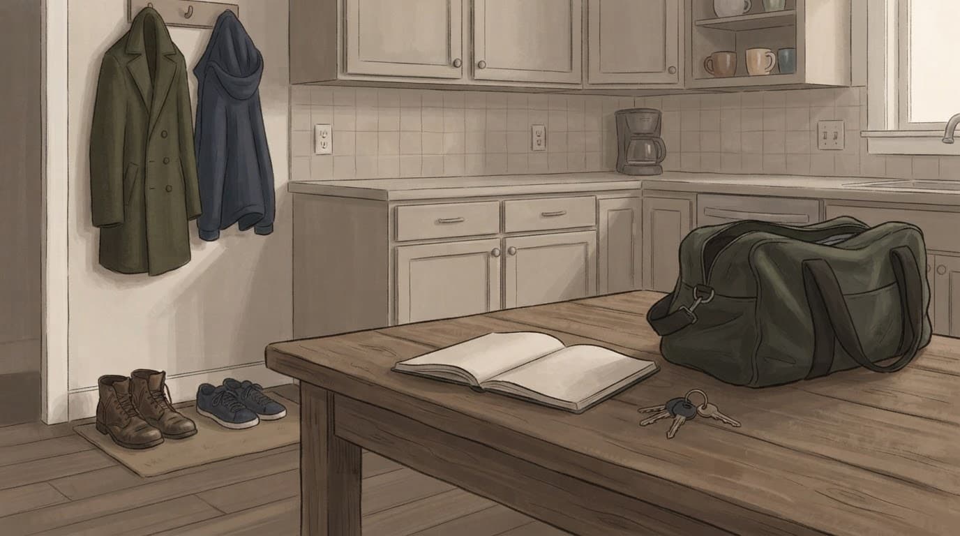 A kitchen table with keys, a notebook, an overnight bag, coats, and shoes.