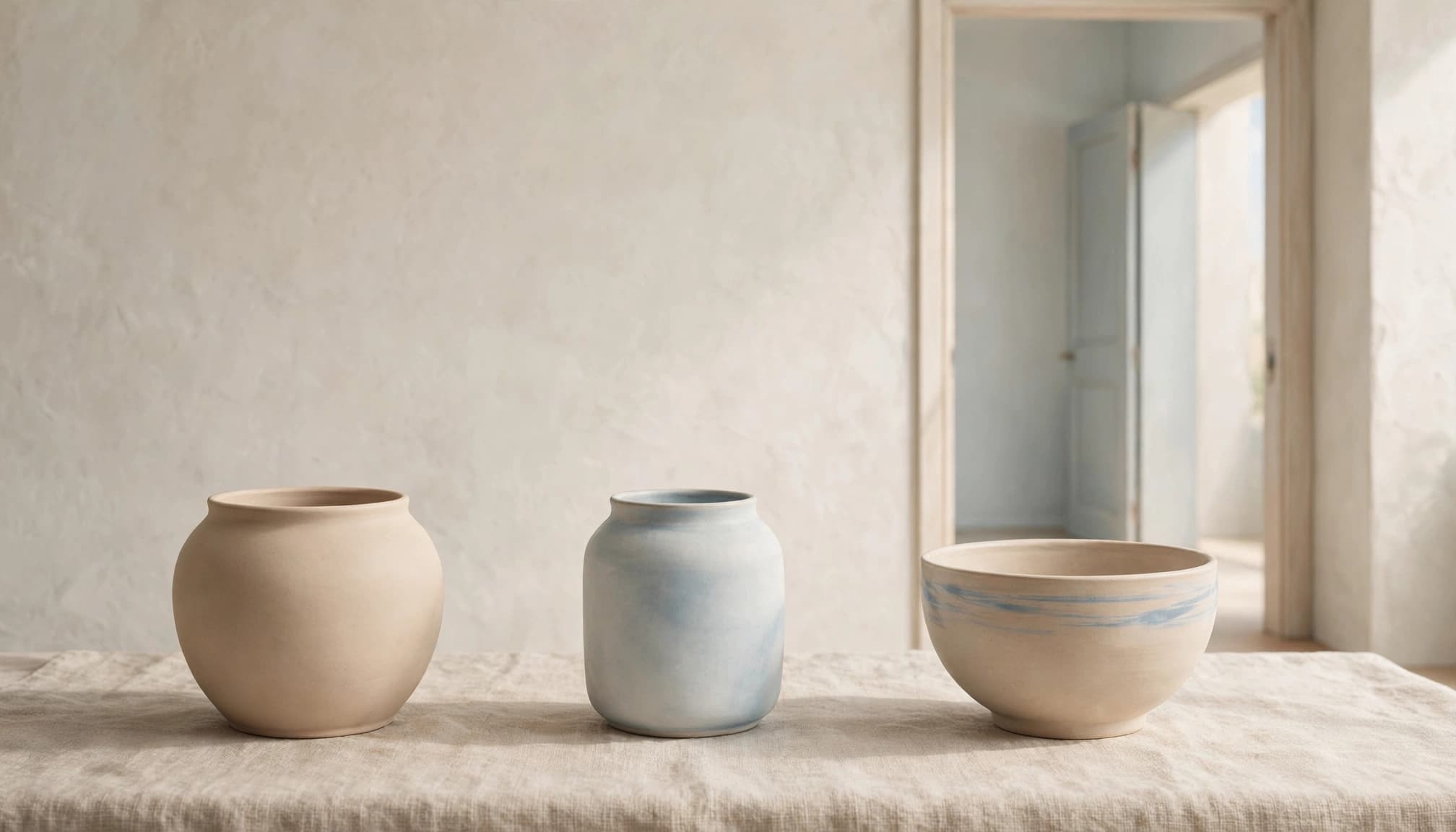 Three separate ceramic vessels sit in a sunlit room with an open doorway.