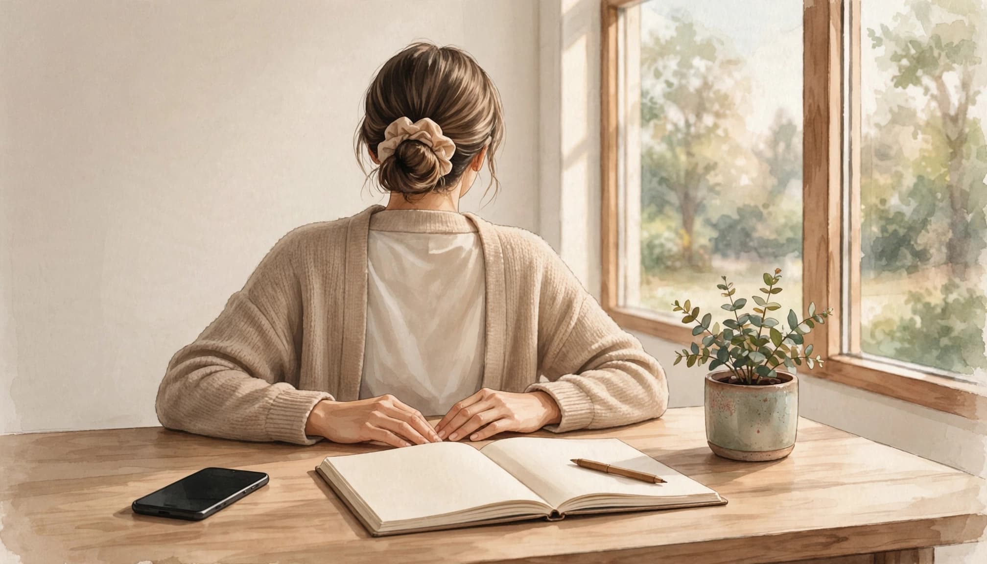 An adult sits at a desk with a phone, notebook, and plant in a softly lit room.