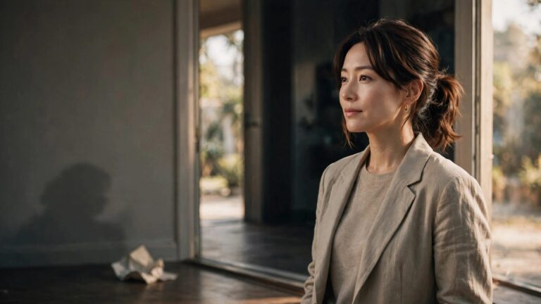 A confident woman stands in a bright doorway with a shadow and note behind her.