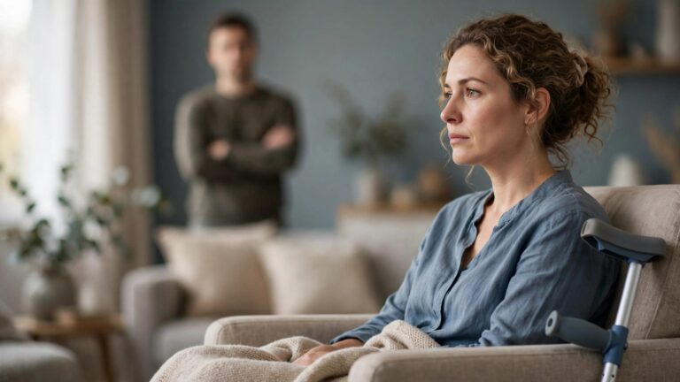 A guarded woman with a mobility aid sits while her partner stands blurred behind her.