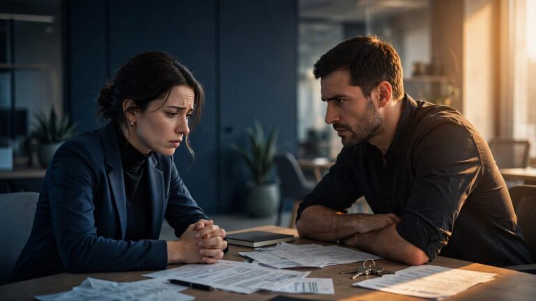 An anxious woman faces a controlling business partner across a desk covered with papers.