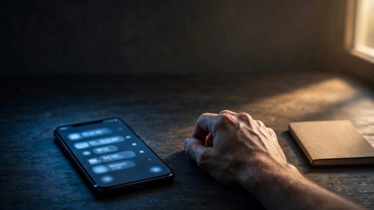 A glowing phone beside a tense hand and notebook on a dark table.