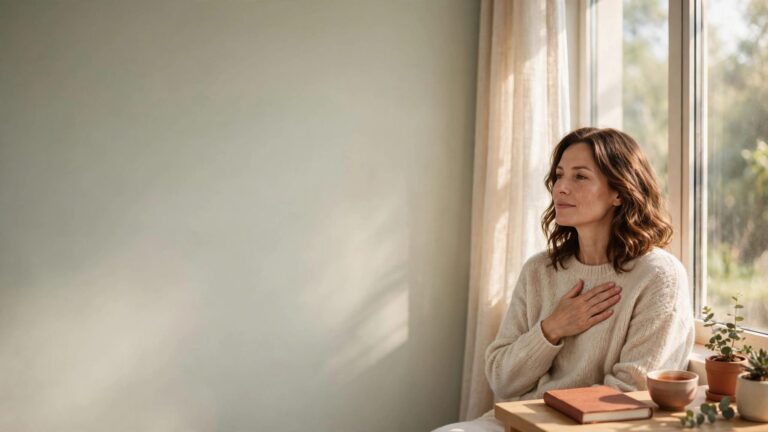 Woman reflecting by a sunny window with a journal, tea, and houseplants.