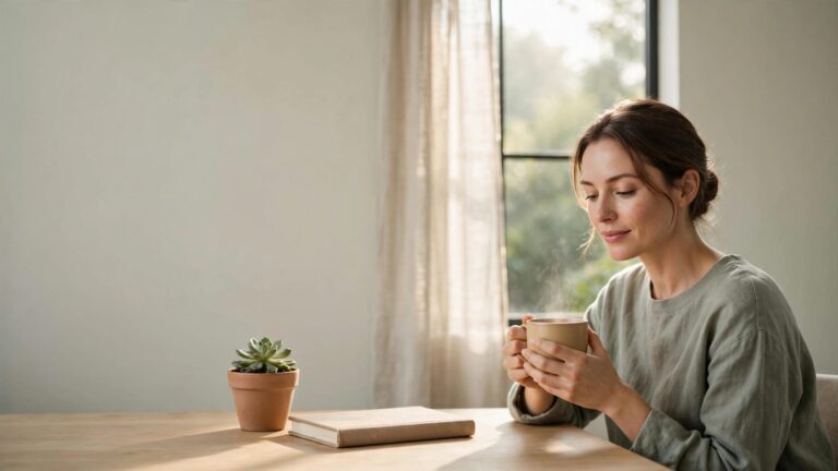 A calm woman holding a mug beside a window, journal, and potted plant.