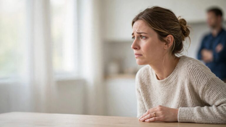 An anxious engaged woman sits at a table while her partner stands behind her.