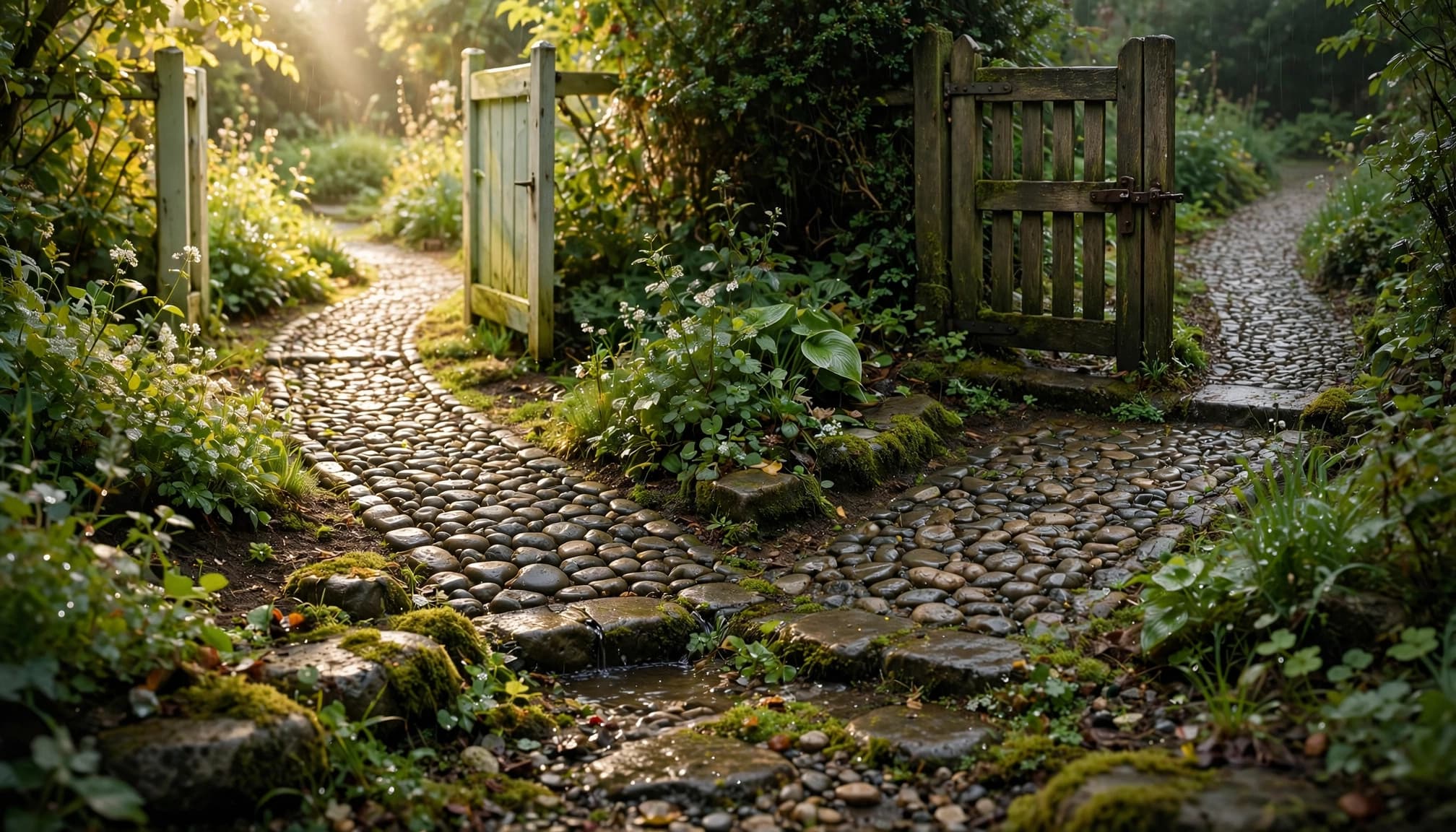 Two stone paths lead to one open garden gate and one closed gate.