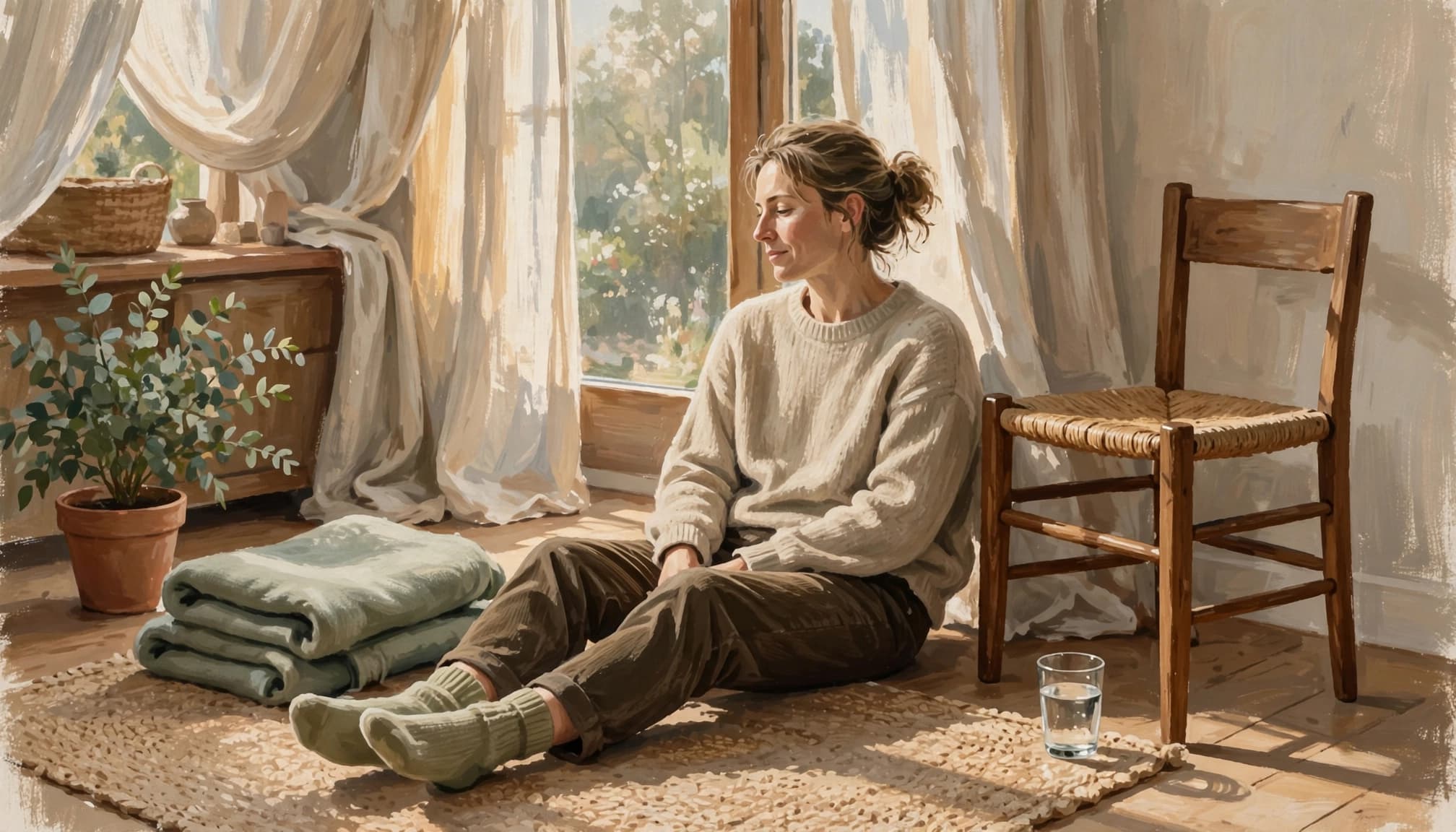An adult sits on the floor beside a chair with water and a folded blanket nearby.