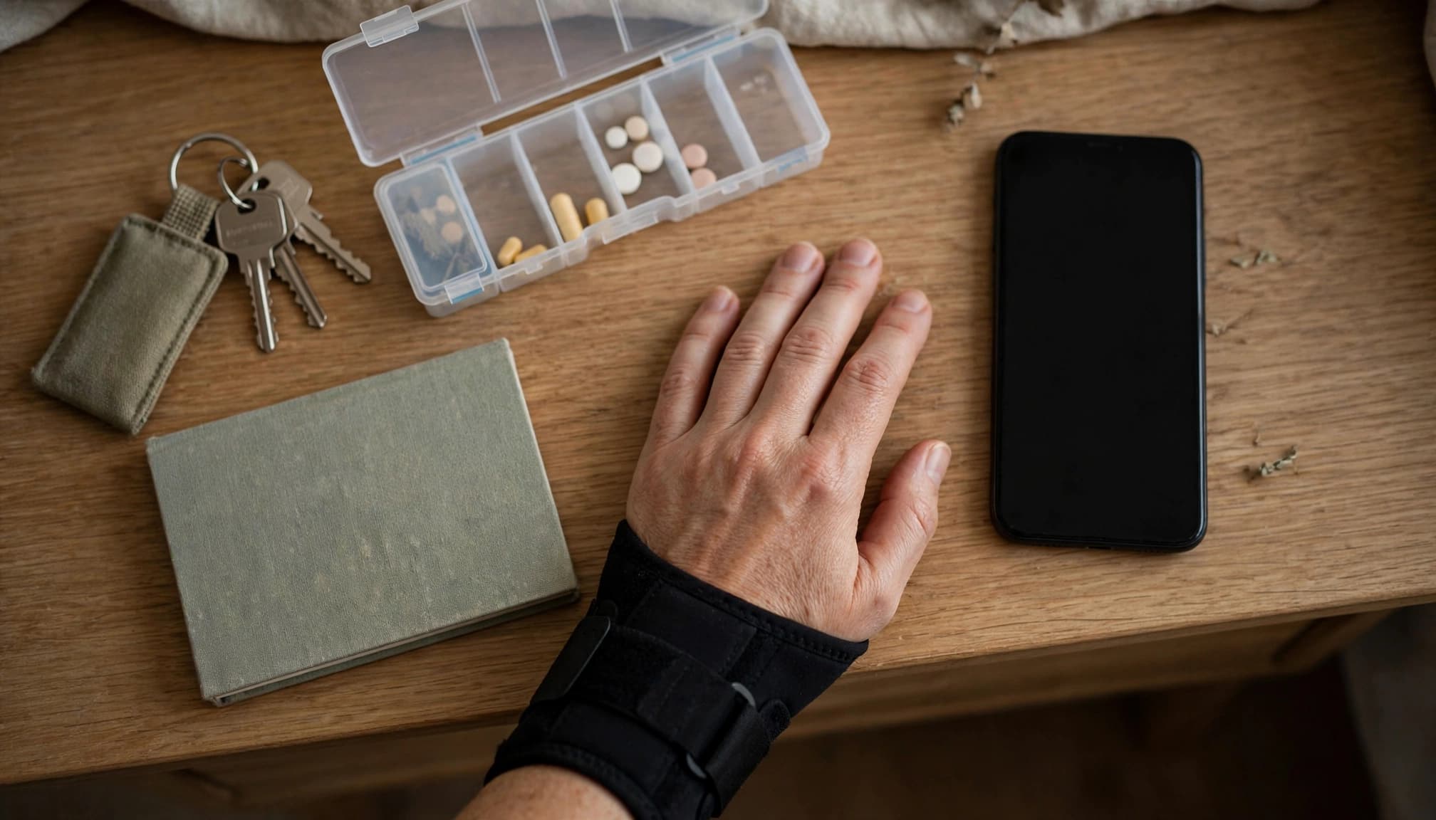 A hand rests beside a phone, pill organizer, keys, and notebook on a bedside table.