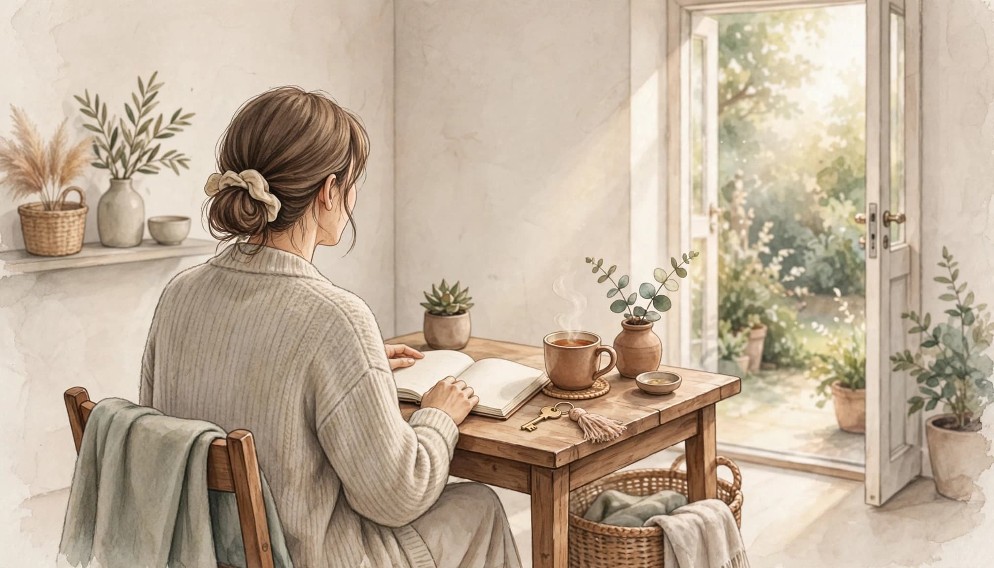 An adult reflects at a table with a journal and tea near a sunlit doorway.