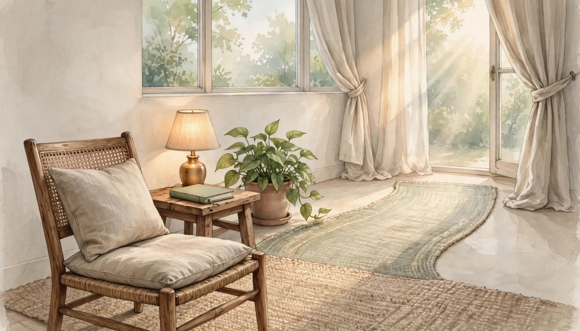 An empty chair and closed journal sit in a softly lit room with a green plant.