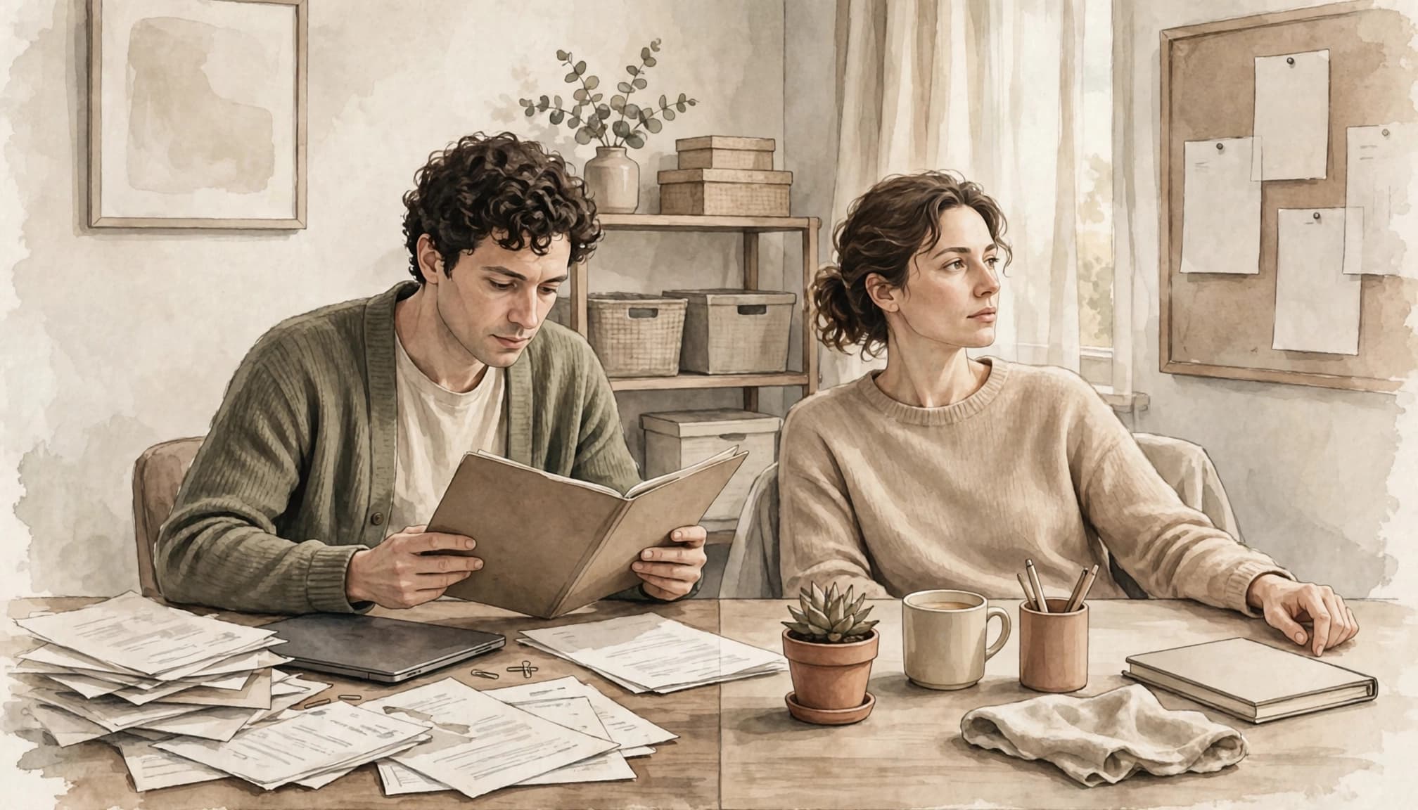 Two partners work at a table with divided papers and a closed laptop.