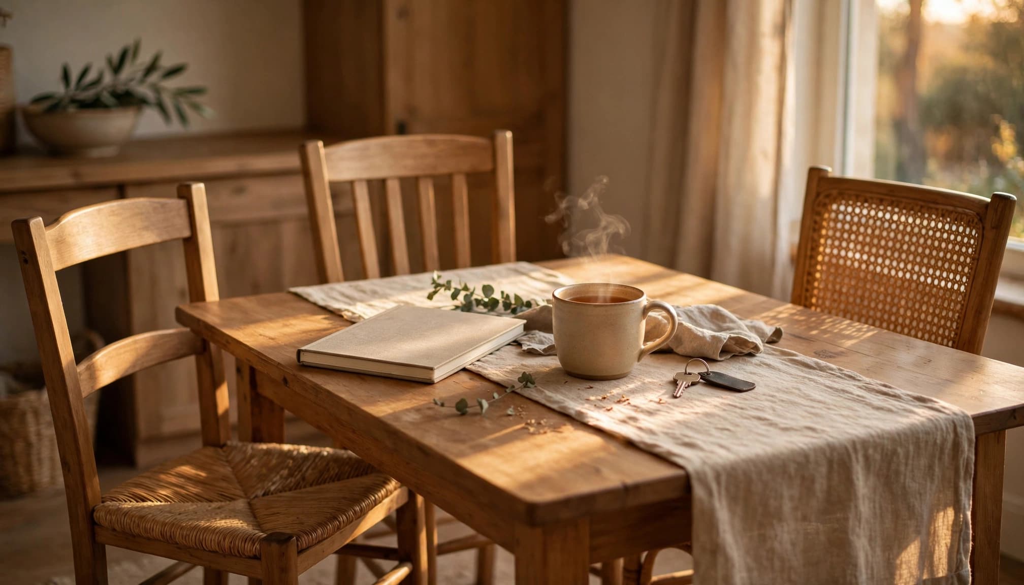 Three empty chairs surround a table with a notebook, tea, and house key.