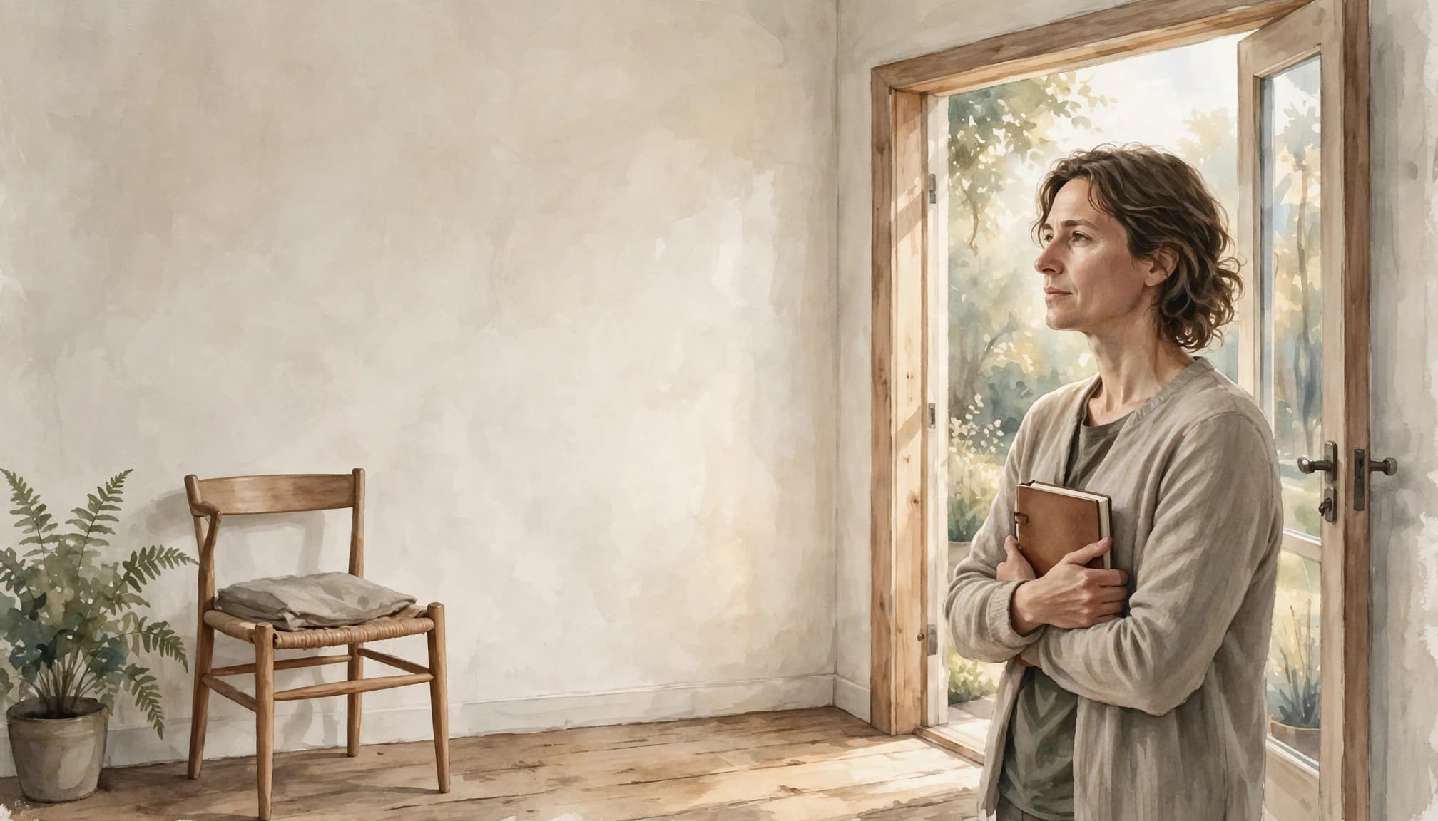 An adult stands by a sunny doorway, holding a notebook near a chair and plant.