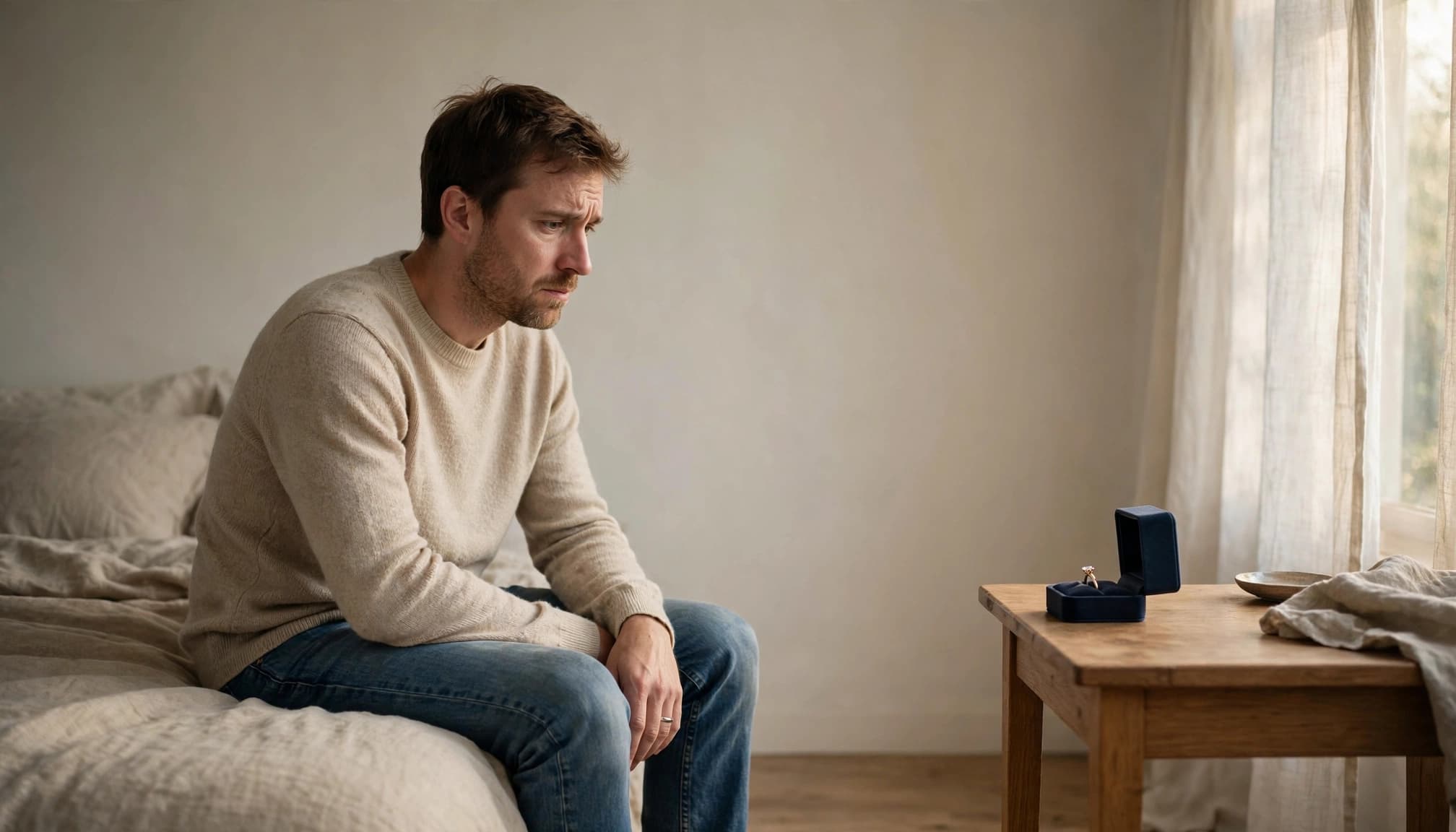 An engaged person sits on a bed, looking toward an open ring box on a nearby table.